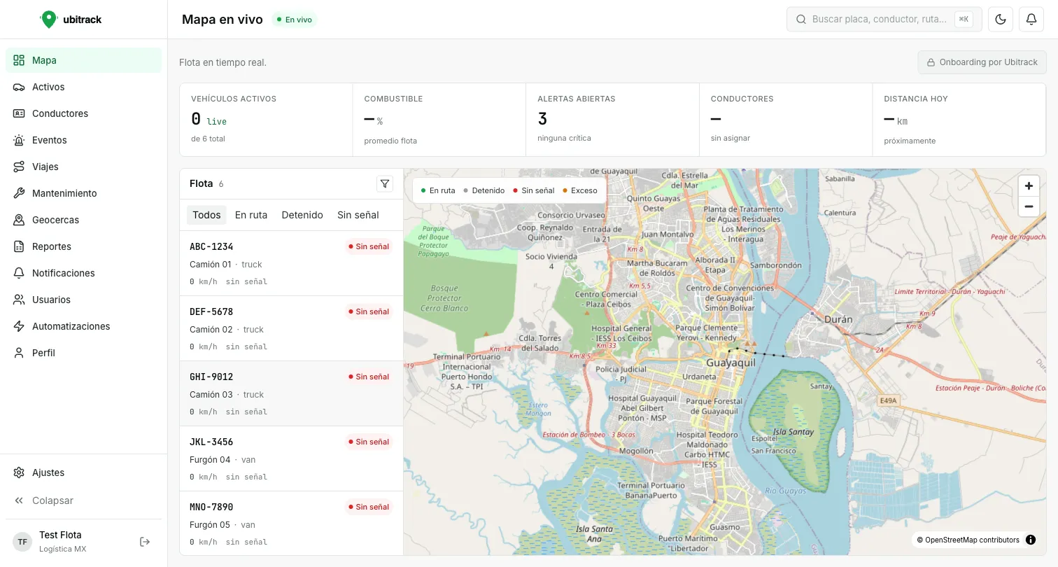 Panel de monitoreo de flotas de Ubitrack: mapa en vivo, lista de vehículos y KPIs