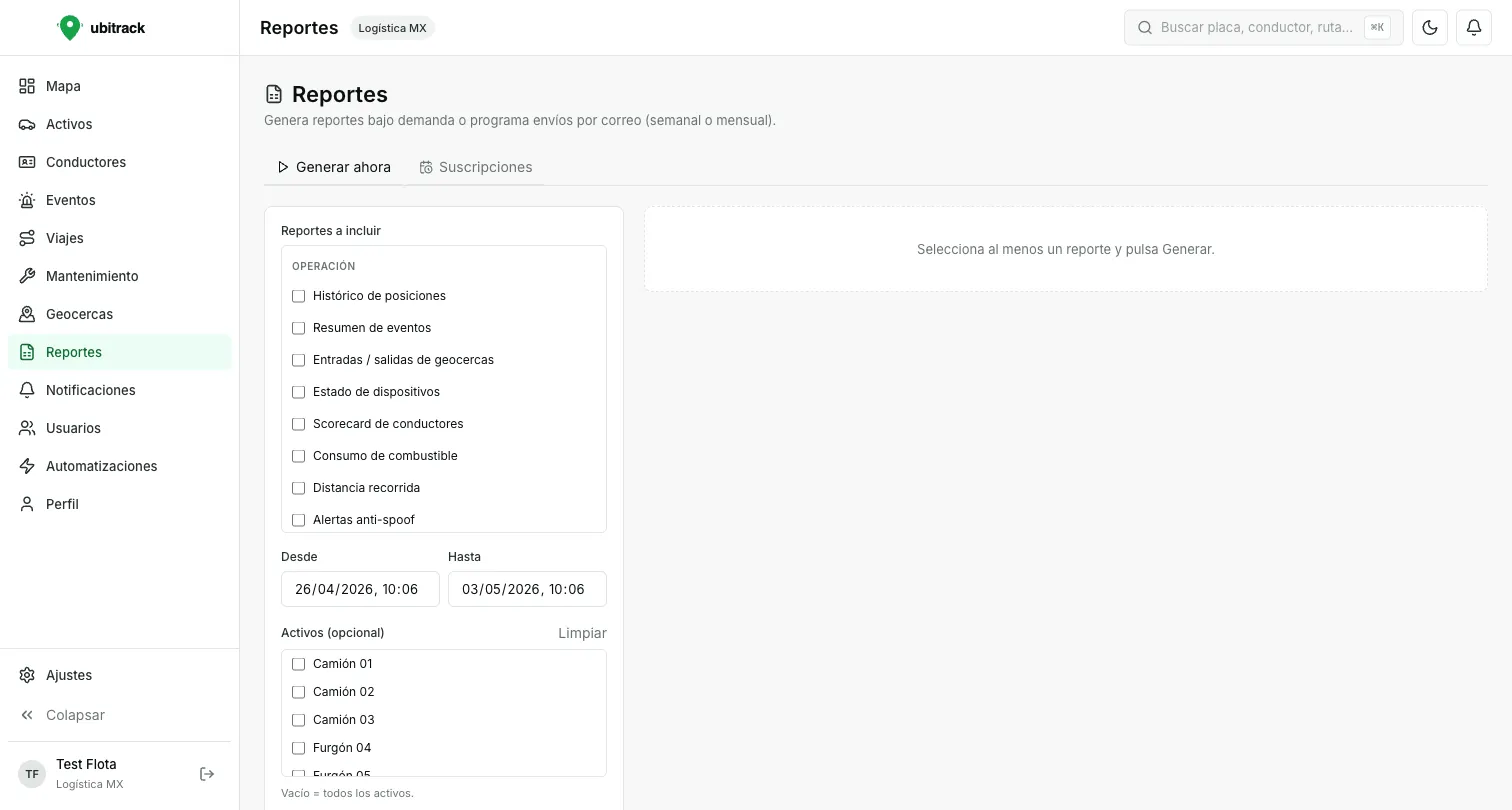 Pantalla de reportes programados de Ubitrack con envíos por correo