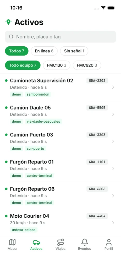 Lista de activos con su estado, placa y etiquetas