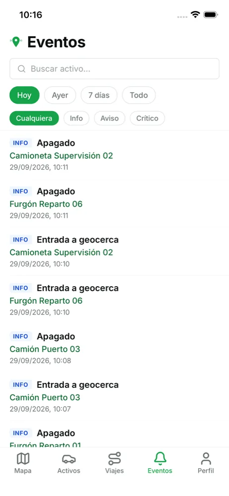 Eventos de la flota: apagados y entradas a geocercas