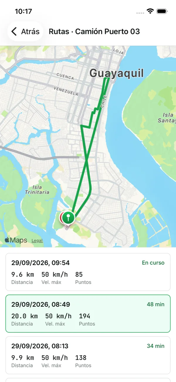 Recorrido de un vehículo dibujado sobre el mapa, con sus viajes del día