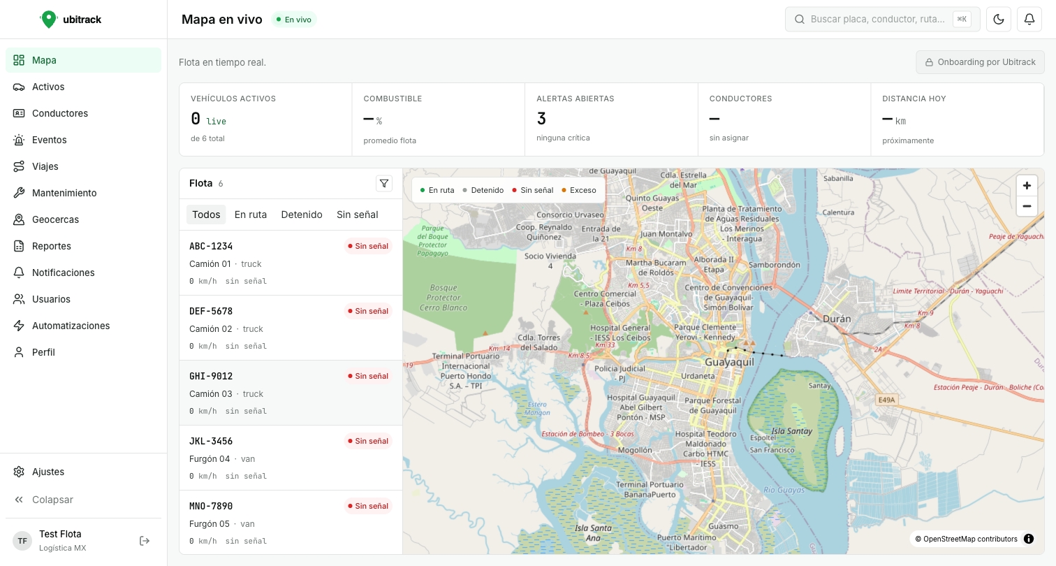 Captura del panel de Ubitrack: mapa en vivo, lista de vehículos y KPIs de flota