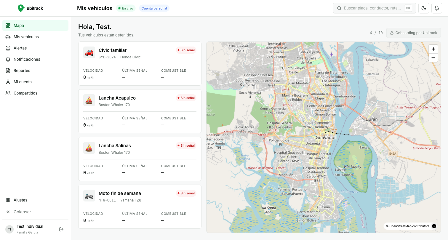Vista Individual: tarjetas por vehículo y mapa, con saludo personal