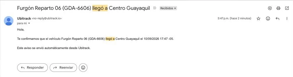 Correo de confirmación de llegada recibido en la bandeja de entrada