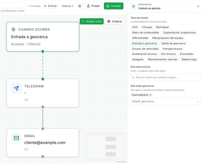 Panel del disparador con el evento Entrada a geocerca seleccionado
