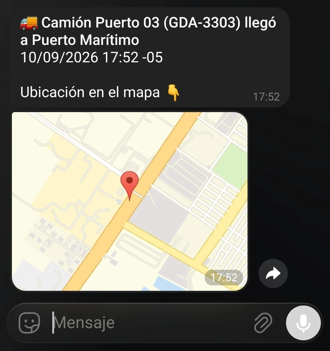 Mensaje de llegada recibido en Telegram con el pin de ubicación